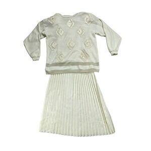 VTG Donna Toran 2 Pcs Sweater Skirt Set Womens M Cream Knit Embellished Pleated